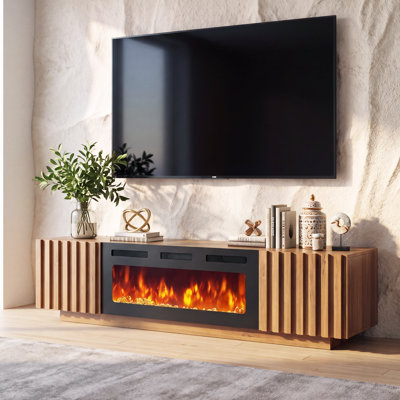 70" Fluted Fireplace TV Stand for TVs up to 75", TV Stand with Electric Fireplace, Entertainment Center with Storage Cabinets, Adjustable Shelves & Built-in Outlet, Natural Oak