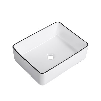 Karamag Modern Porcelain Bathroom Vessel Sink White With Black Rim  Countertop Vanity Basin