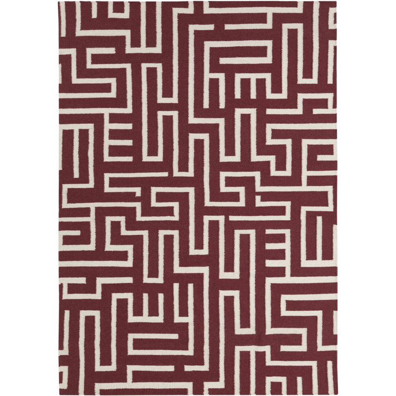 Chevella Authentic Flatwoven Handmade Red & Ivory Reversible Modern Geometric Maze Wool & Cotton Area Rug, 7' x 10'