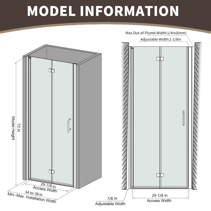34-35.9 in. W x 72 in. H Bi-Fold Frameless Shower Door in Matte Black with Clear SGCC Tempered Glass, Matte Black