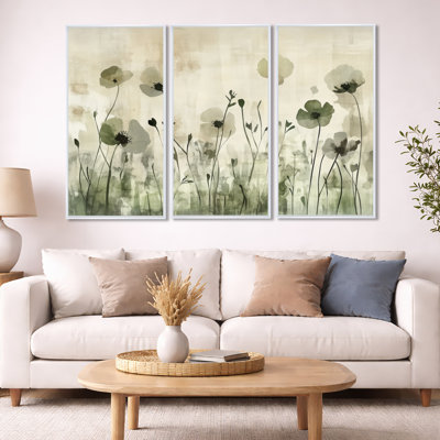 Blooming Garden Wall Art, Botanical Canvas - Botanical Leave Blooming Garden 3 Piece Framed Canvas Wall Art Set Modern Floral Decor