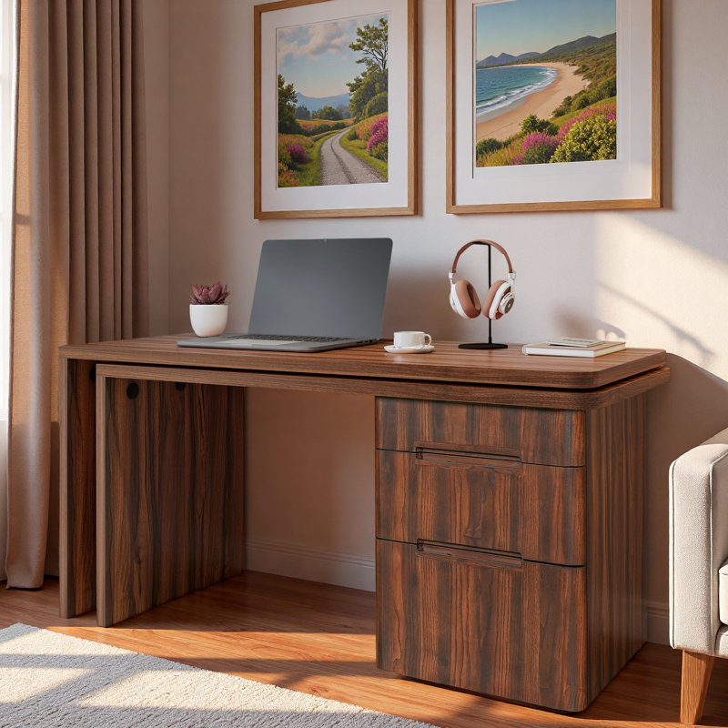 Bureau moderne en forme de L avec 3 tiroirs et bureau pivotant à 360 ° en bois