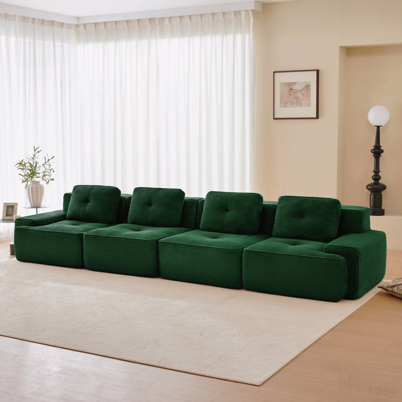 Canapé modulaire moderne pour petit appartement 4 personnes pour petits appartements 153 po pour le salon, tissu en velours côtelé, canapé 4 places avec assise profonde, passepoil perlé, conception capitonnée, connexion par boucle, sans assemblage, conception antidérapante, vert