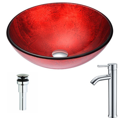 ANZZI Crown 16.5'' Red Tempered Glass Circular Bathroom Sink with Faucet