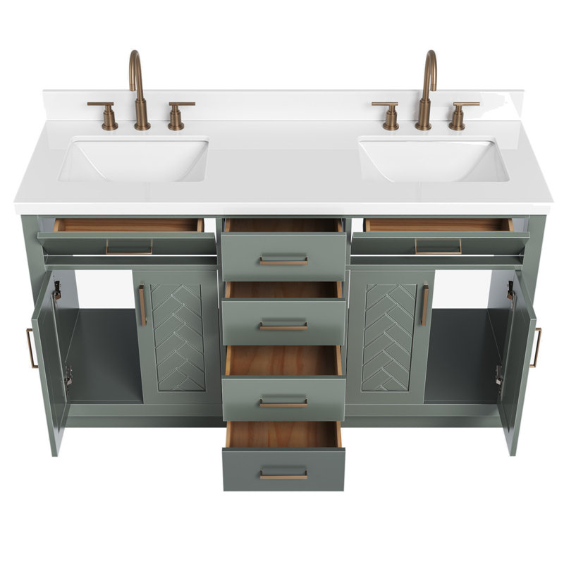 Tidworth Solid Wood Double Bathroom Vanity with 1.5'' White Quartz Top, Rectangular, Vintage Green  / Satin Brass