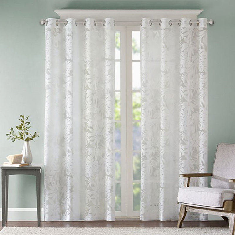Palm Leaf Burnout Window Sheer White 50x95", 1" W x 95" L, White