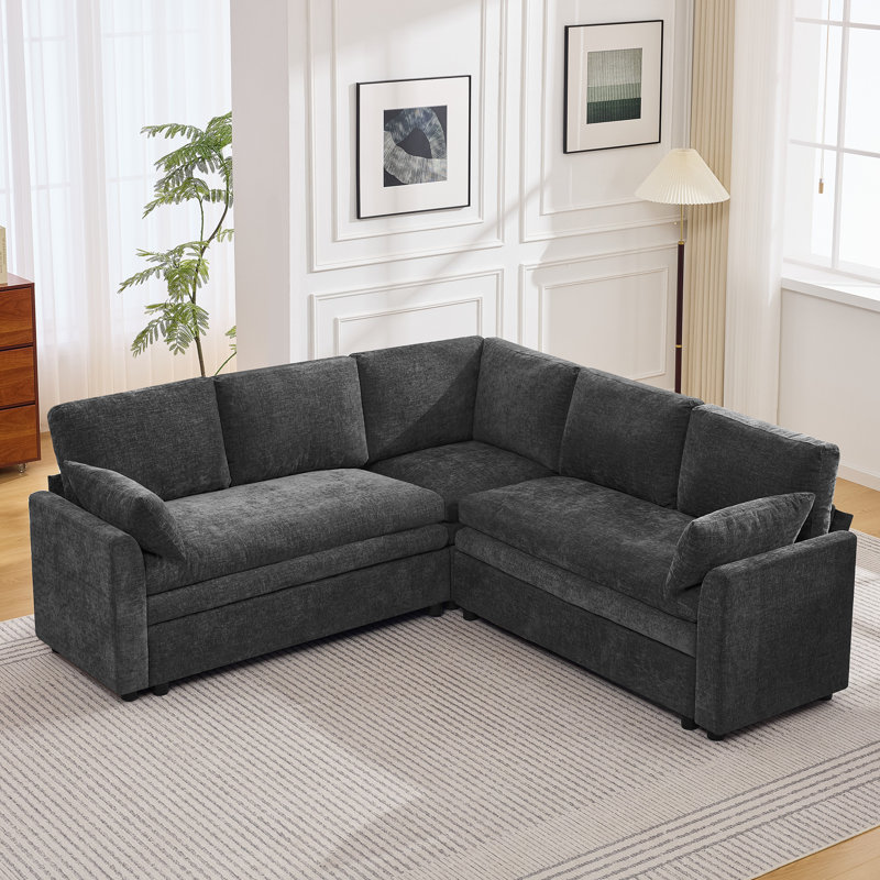  Canapé modulaire modulaire avec méridienne, Coussin double couche profond et confortable, Gris, 5 Seater L Couch