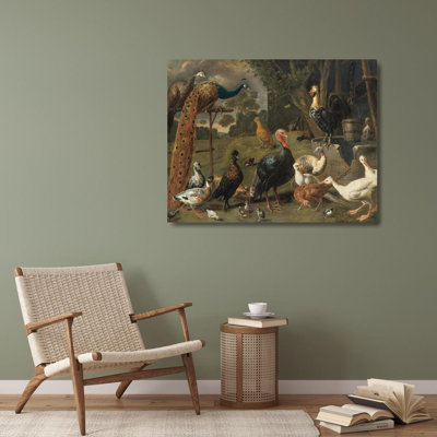 "Peacock and Peahen on a Perch, Turkeys, a Pheasant and Poultry by a Well" by  Adriaen Van Utrecht - Gallery Wrap Canvas Wall Art