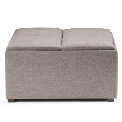 Avalon 35"W Upholstered Linen-Look Fabric Modern Square Coffee Table Storage Ottoman with 4 Flip-Over Trays by Simpli Home