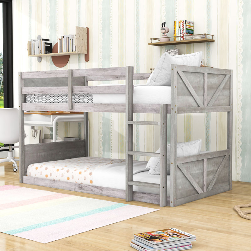 Twin Over Twin Wood Floor Bunk Bed, Antique White