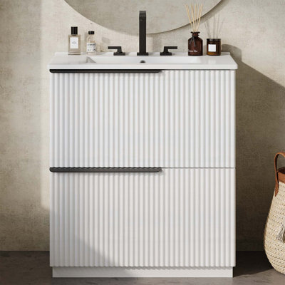 Meuble-lavabo autoportant de 30 pouces avec lavabo en céramique, tiroirs pleine extension et conception cannelée