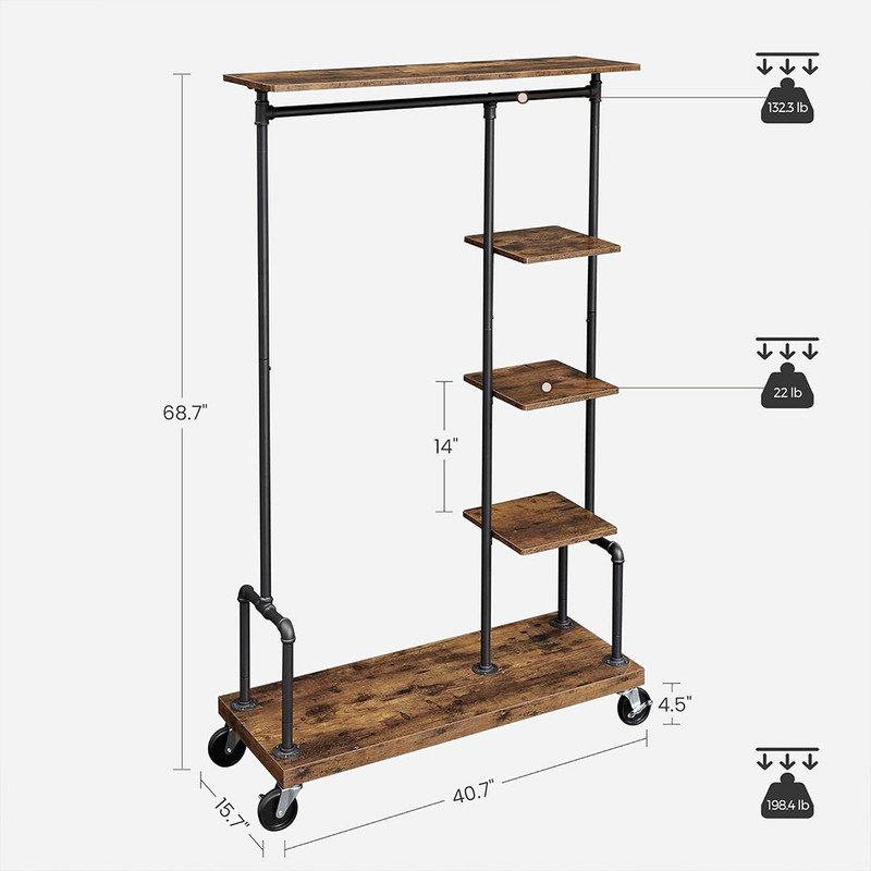 Rustic Brown Industrial Pipe Style Rolling Clothes Organizer with Wood Shelves