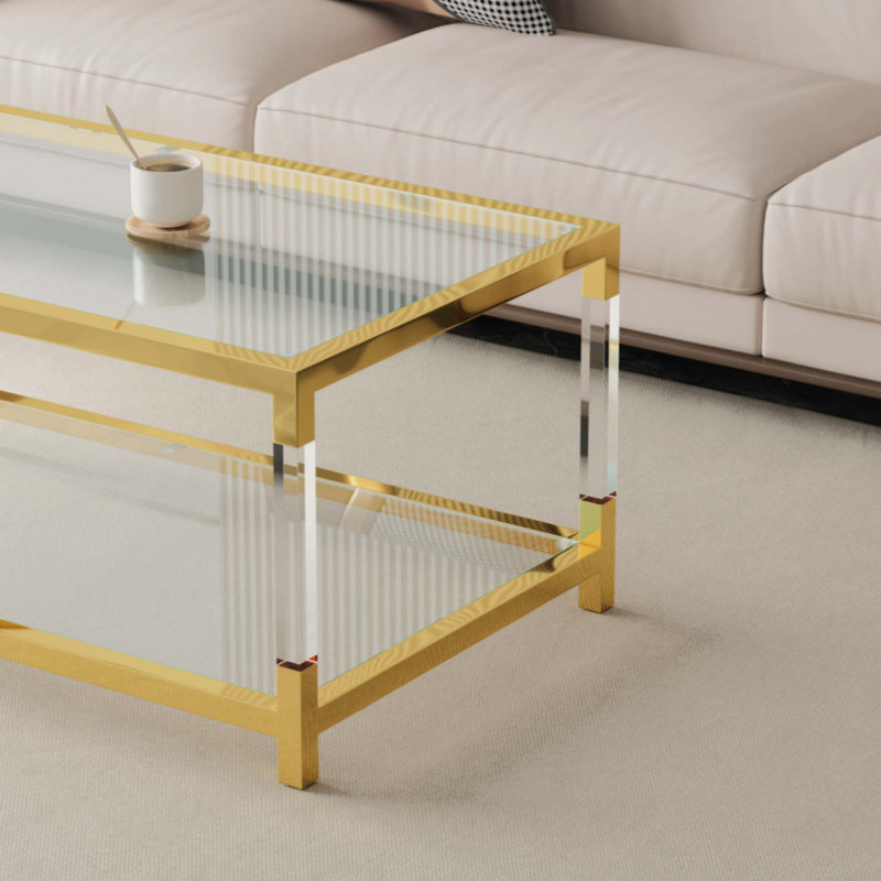 Modern Gold Glass Coffee Table with Acrylic Legs and Storage