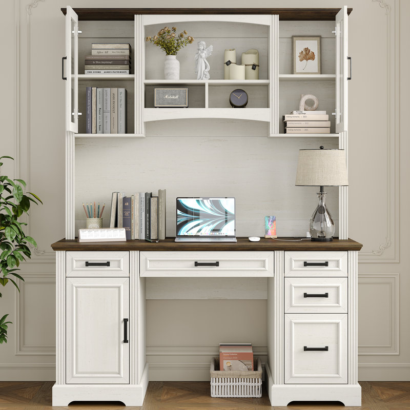 Denanne 58'' W Computer Desk with Outlet and Hutch for Home Office, Brown