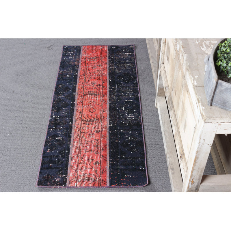 Handcrafted Vintage Turkish Patchwork Small Rug in Vibrant Pink For Bedroom or Door Mat Crafted With Overdyed Wool