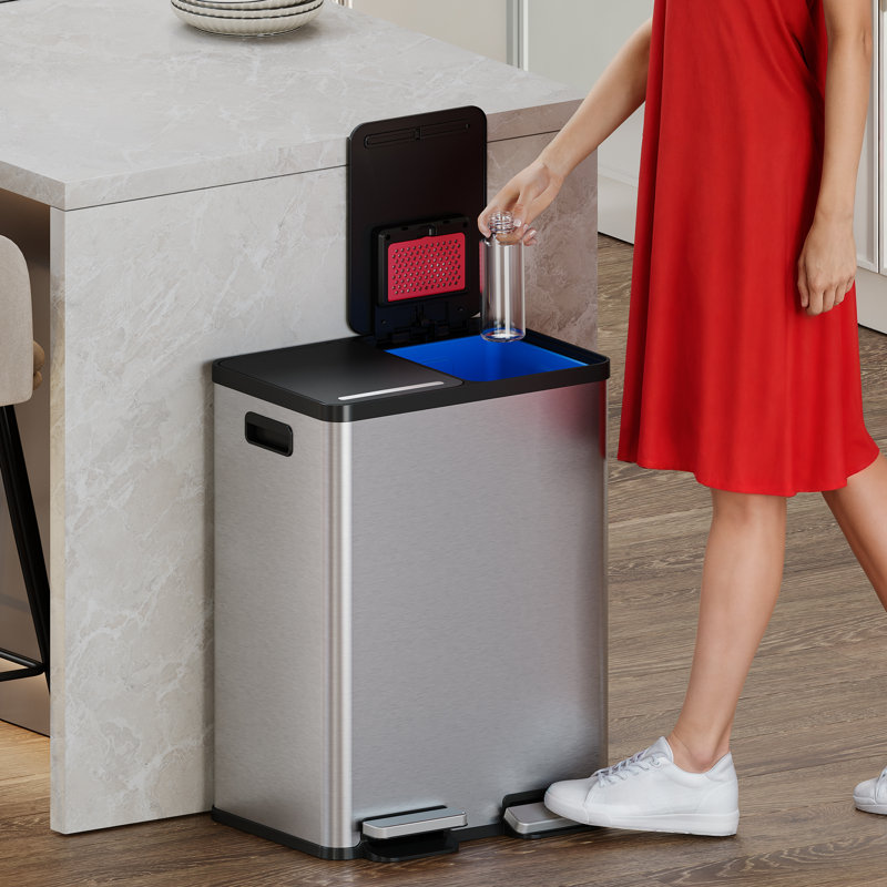 Itouchless Softstep 16 Gallon Stainless Steel Dual Compartment Combo Step Pedal Trash Can And Recycle Bin With Dual Odour Filters And Colour-coded Removable Inner Buckets For Home, Office, Kitchen, 60 Litre