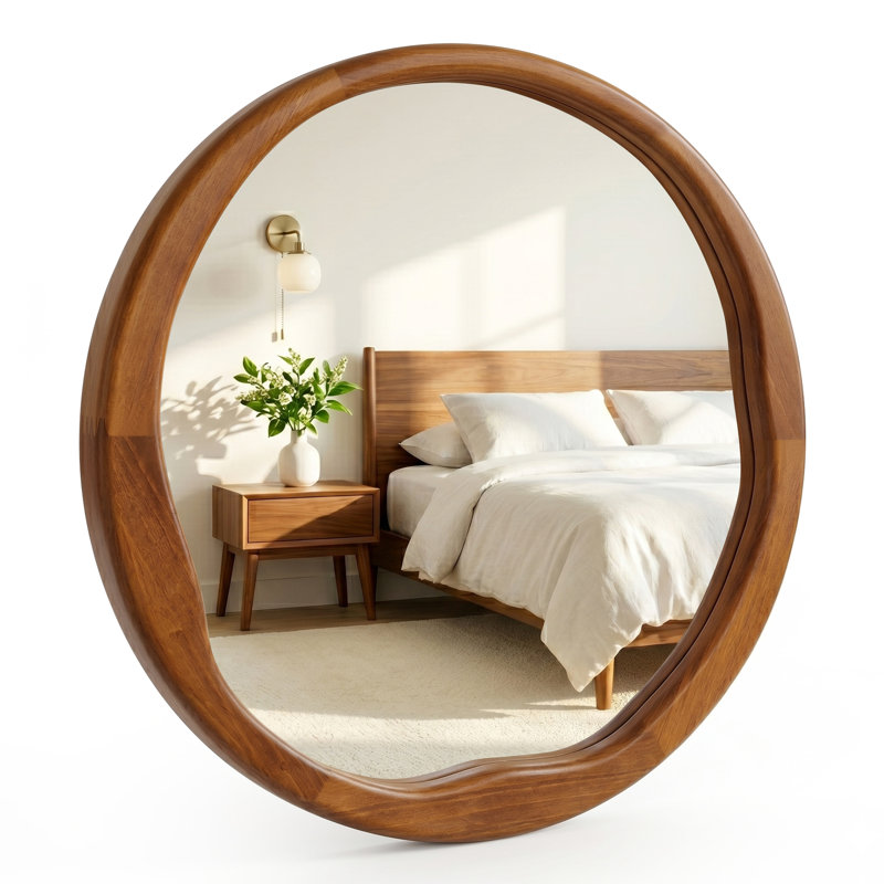 Miroir mural rond en bois massif, 24 po x 24 po, Noyer chaud