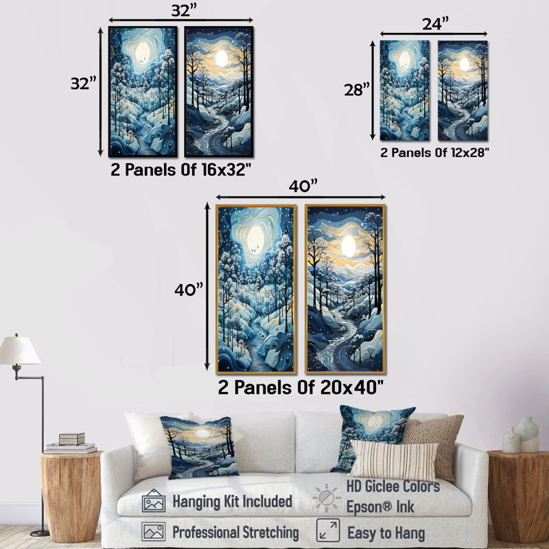 «Blue and White Path Into Winter Forest I - Forest Winter», ensemble d'art mural sur toile, Toile tendue, H 28 po x l 25 po