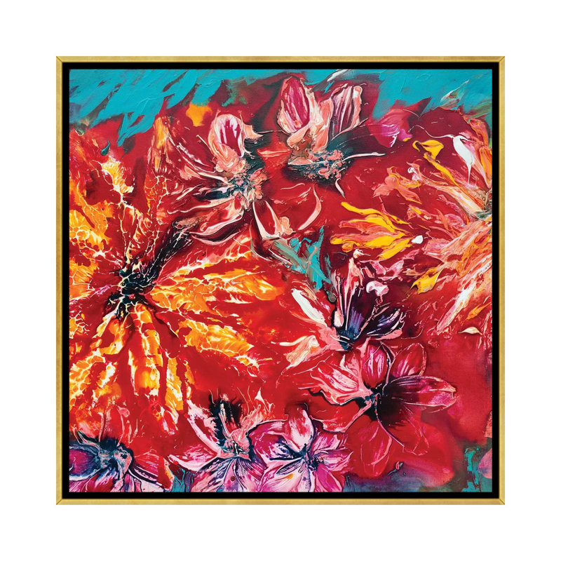 "Jardin tropical II" par Francoise Wattré - reproduction d'art, H 26 po x l 26 po x P 1,5 po, Toile encadrée d'or, Aucun mat