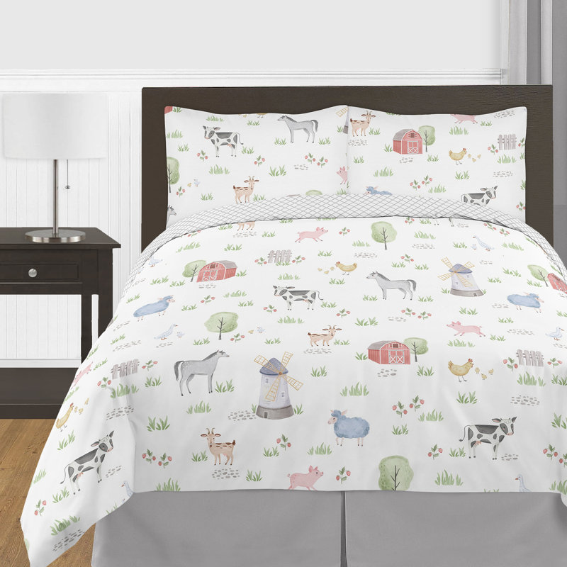 Gray Microfiber Full Kids Farm Animal Bedding Set