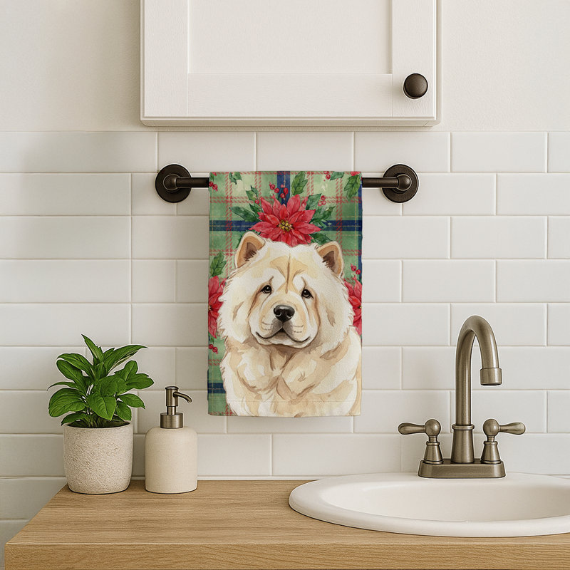 Cream Chow Chow Christmas PoinsettIas Kitchen Towel, Cream Chow Chow