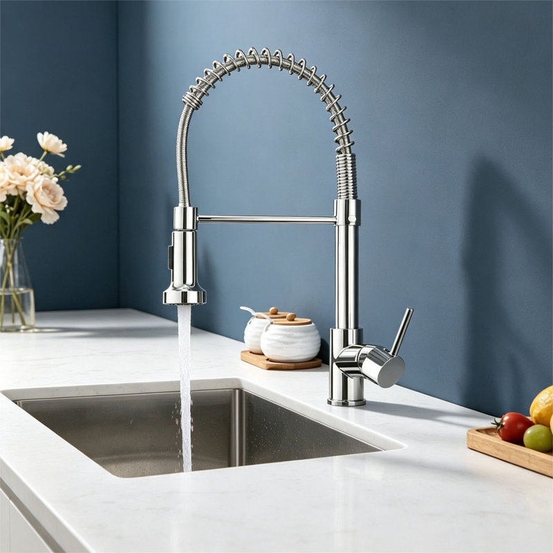 Robinet d'évier de cuisine à poignée simple en acier inoxydable avec bec pivotant sur 360 ° Topcraft, Chrome chrome