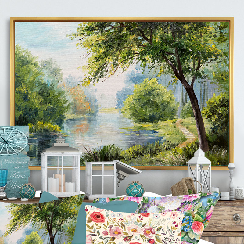 «Spring River Landscape», reproduction d'art sur toile, H 24 po x l 36 po x P 1 po, Toile encadrée flottante dorée