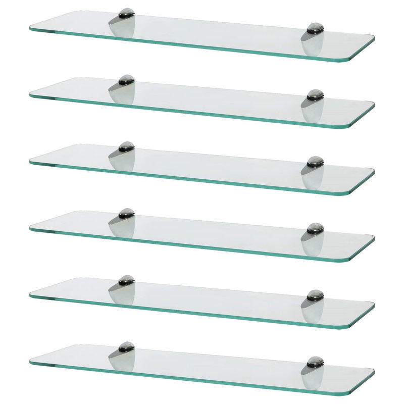 Harbour Housewares - Rounded Floating Glass Shelves with Metallic Brackets - Set of 6, Chrome, 13 H x 50 W x 0.5 D cm