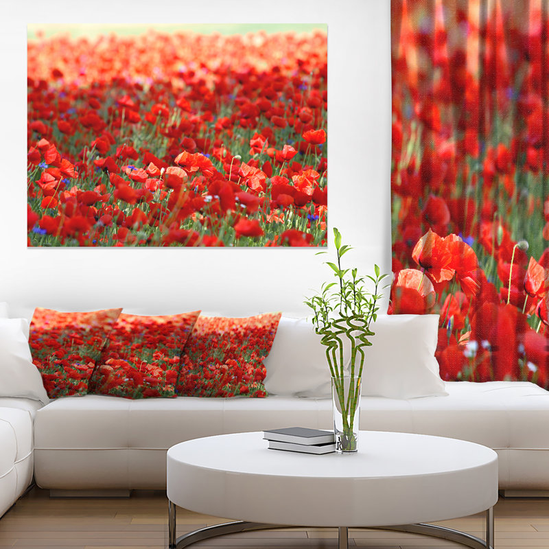 Thick Red Poppy Flower Field - Reproduction de photo sur toile tendue, H 30 po x l 40 po x P 1,5 po, Toile tendue