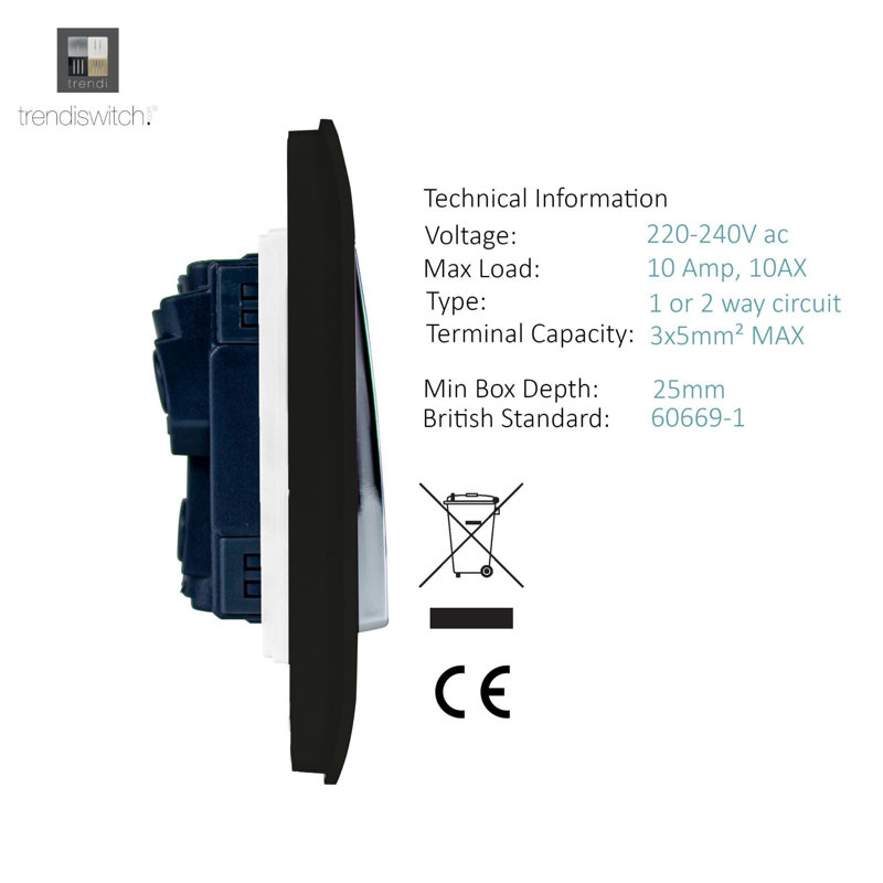 Trendi Switch 1 Gang 1 or 2 way Rocker Light Switch, Gloss Black