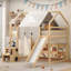 Lit mezzanine en bois pleine grandeur en forme de maison avec tente, naturel et beige-598414185-598414182