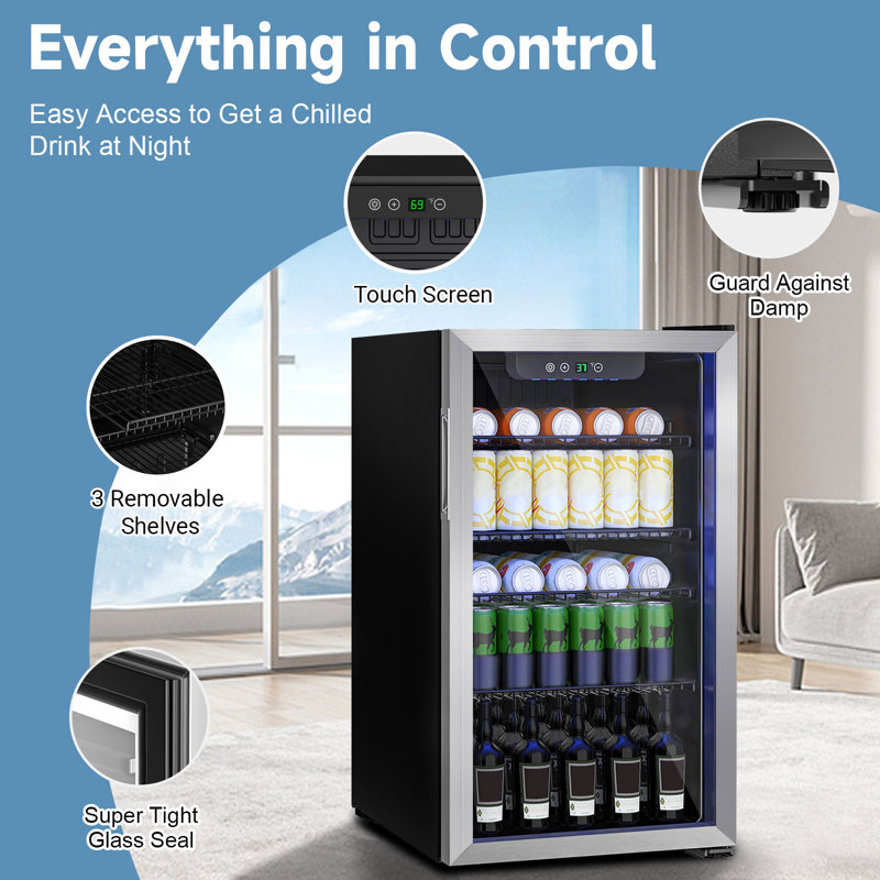 BackID 3.1 Cubic Feet Mini Fridge, 110 Can Freestanding Beverage Refrigerator with Glass Front Door for Soda, Beer, Under Counter Small Refrigerator with Adjustable Shelves and Digital Display (Silver)