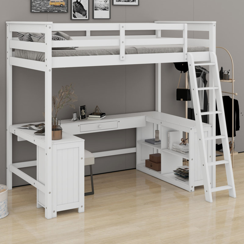 Loft Bed With U-Shaped Desk, Drawers And Storage Shelves, White