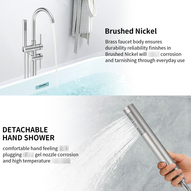 Robinet de baignoire à fixation au sol en nickel brossé avec douche à main - Fonctionnement à une poignée pour une gestion de l'eau pratique