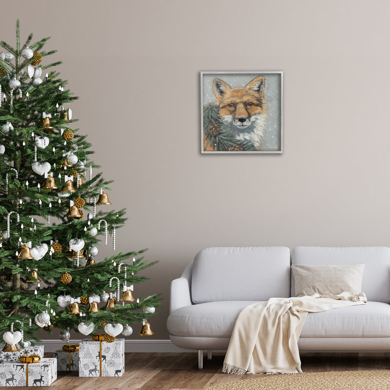 «Fox with Snowy Pinecones», art de la giclée encadrée par Sara G. Designs, Gris, H 24 po x l 24 po