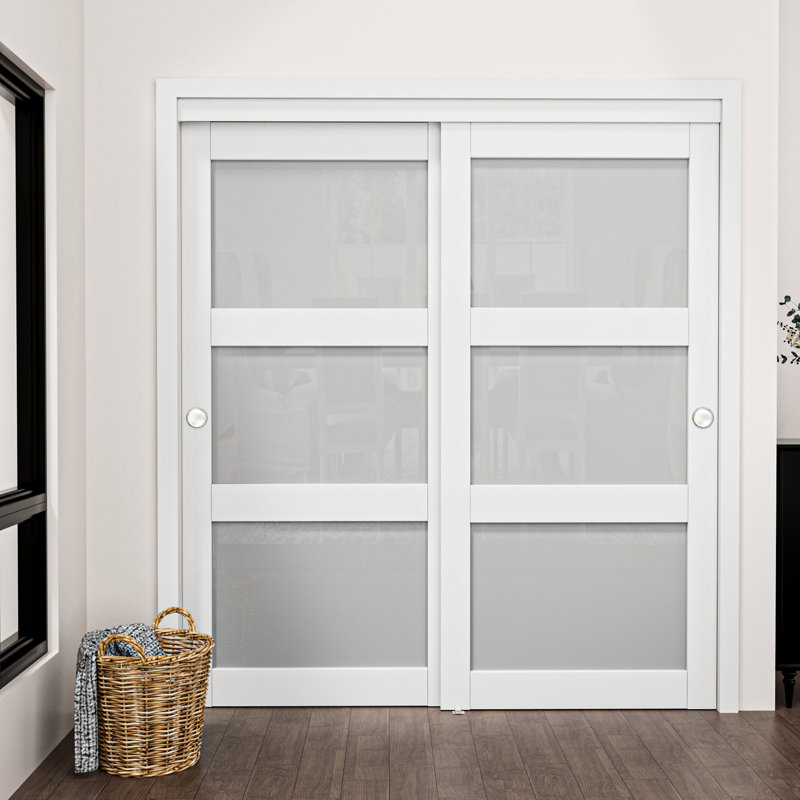 Porte de placard coulissante en verre givré apprêté 80 po 3-Lite avec trousse de quincaillerie d'installation complète, peu encombrante et facile à assembler pour la chambre à coucher et le garde-manger
