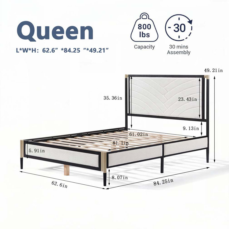 Boucle Upholstered Platform Bed, Queen
