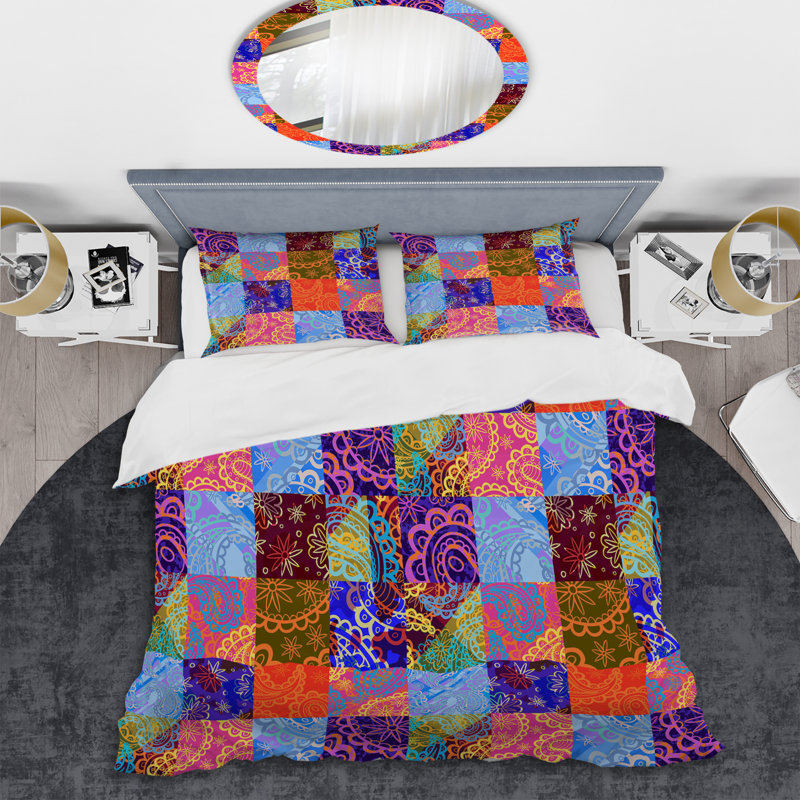 Multicolor Ethnic Patchwork - Abstract Duvet Cover Set - Microfiber Polyester, Queen Duvet Cover + 2 Standard Shams