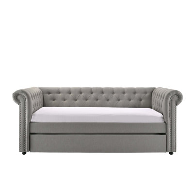 Luxurious 1Pc Modern Aesthetic Beautifully Button Tufted Nailhead Trim Design Daybed Built-In Pull-Out Trundle Bed