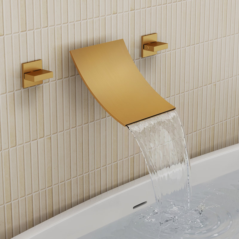 Wall Mount Waterfall Roman Tub Faucet with Rough-In Valve, Brushed Gold