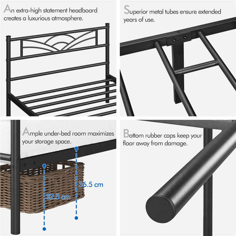 88.5cm Height Metal Bed Frame with Cloud-inspired Design Headboard, Black, Single (3')