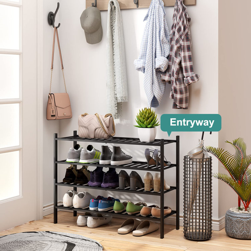 Sturdy 4-Tier Long Bamboo Shoe Rack Stackable Design Removable Easy Assembly Modern Living Room Bedroom Hallway