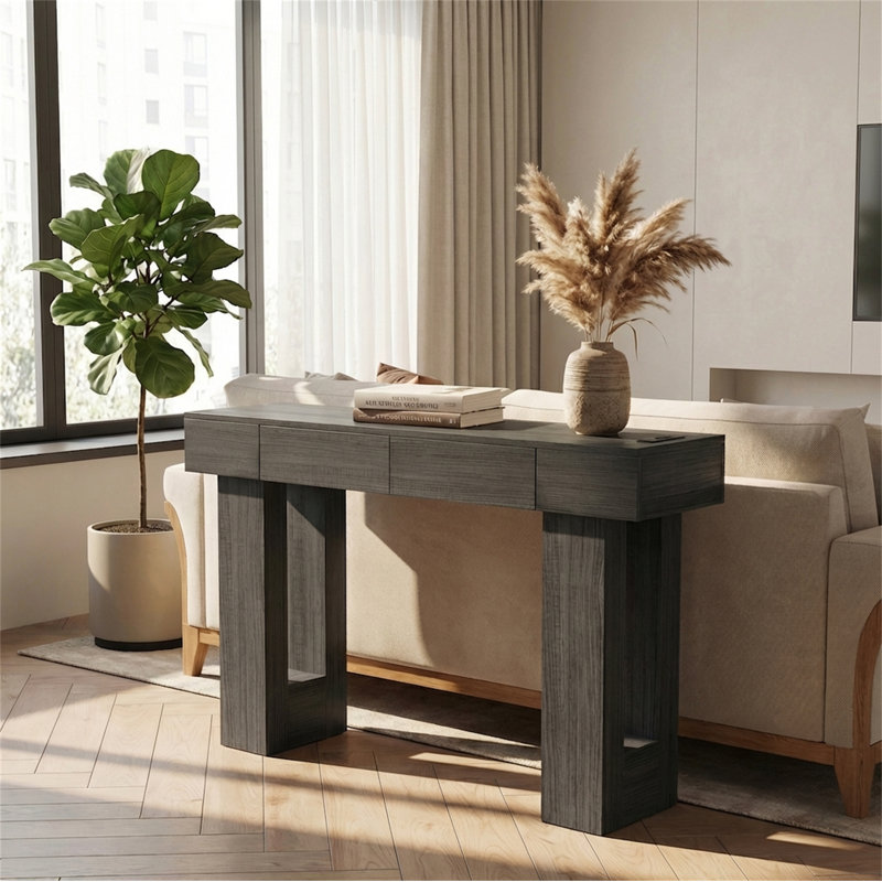LED Light Console Table with Charging Station, 47.24" Modern Wood Entryway Table with 4 Drawers, Brown