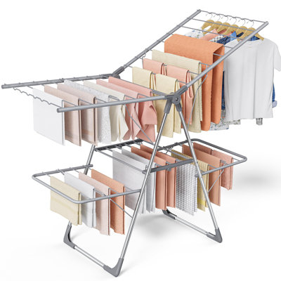 Clothes Drying Rack, Gray Finish, 2-Level Foldable Laundry Rack With Height-Adjustable Wings, Free-Standing Space-Saving Design, Indoor & Outdoor Use, Modern Functional Style