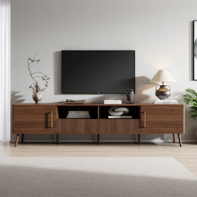 Meuble télé 78 po pour téléviseur de 85 po ou moins, meuble télé moderne avec portes à fermeture en douceur, tablette ouverte, console multimédia avec gestion des câbles et pieds en bois massif