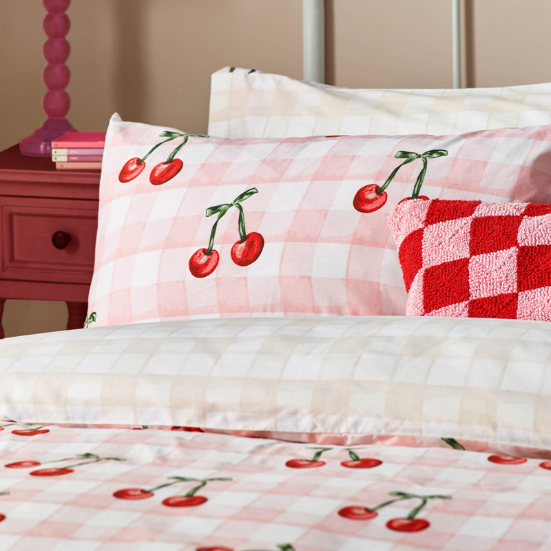 Cherry Gingham Polyester Gingham Duvet Cover Set with Pillowcases, Double Duvet Cover Set + 2 Pillowcases
