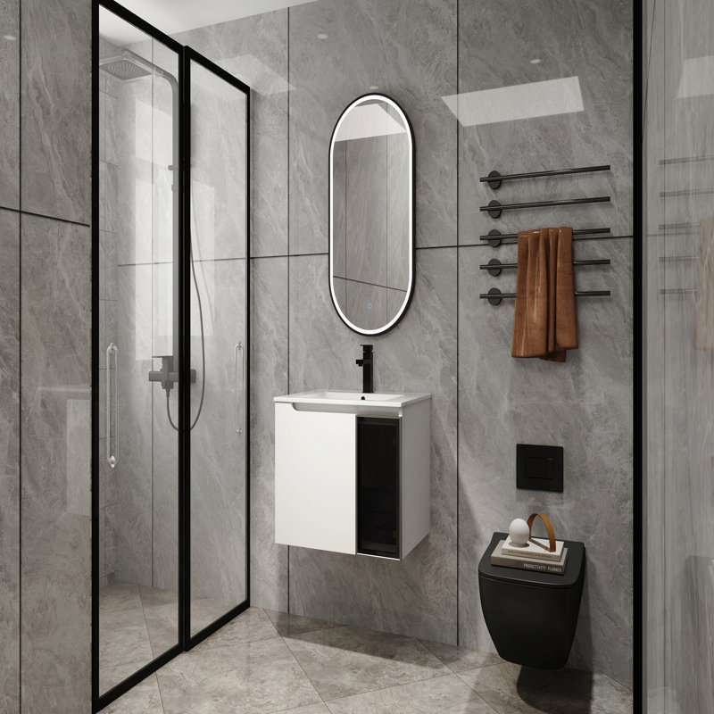 Meuble-lavabo mural 24 po avec lavabo en céramique, 2 portes à fermeture en douceur, meuble-lavabo blanc brillant et 1/2 porte en verre gris, contreplaqué (Kd-Packing)