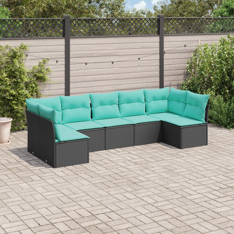  Ensemble de canapé de patio 7 pièces avec coussins en rotin de polyester noir