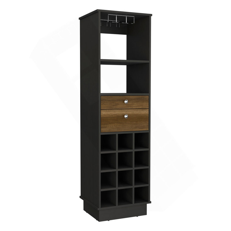 Armoire de bar classique, deux tiroirs, douze porte-bouteilles encastrés - noir / noyer