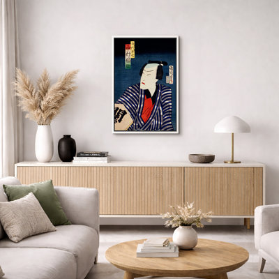 Japanese Ukiyo-e Portrait with Blue Striped Kimono Artwork, Vintage Kabuki Actor Pictures, Framed Canvas Giclee Print Wall Art